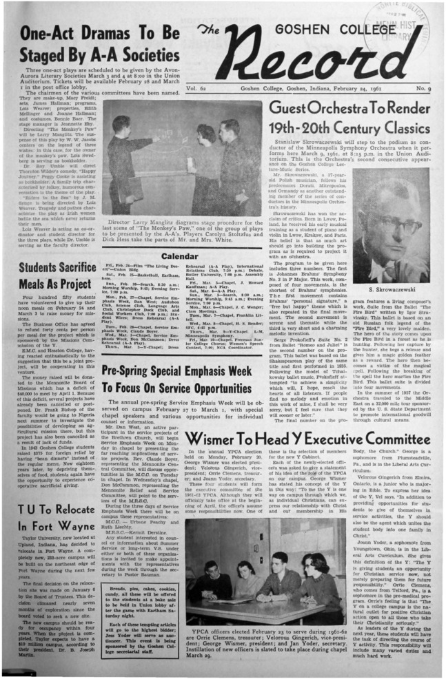 The Goshen College Record - Vol. 62 No. 9 (February 24, 1961) Thumbnail