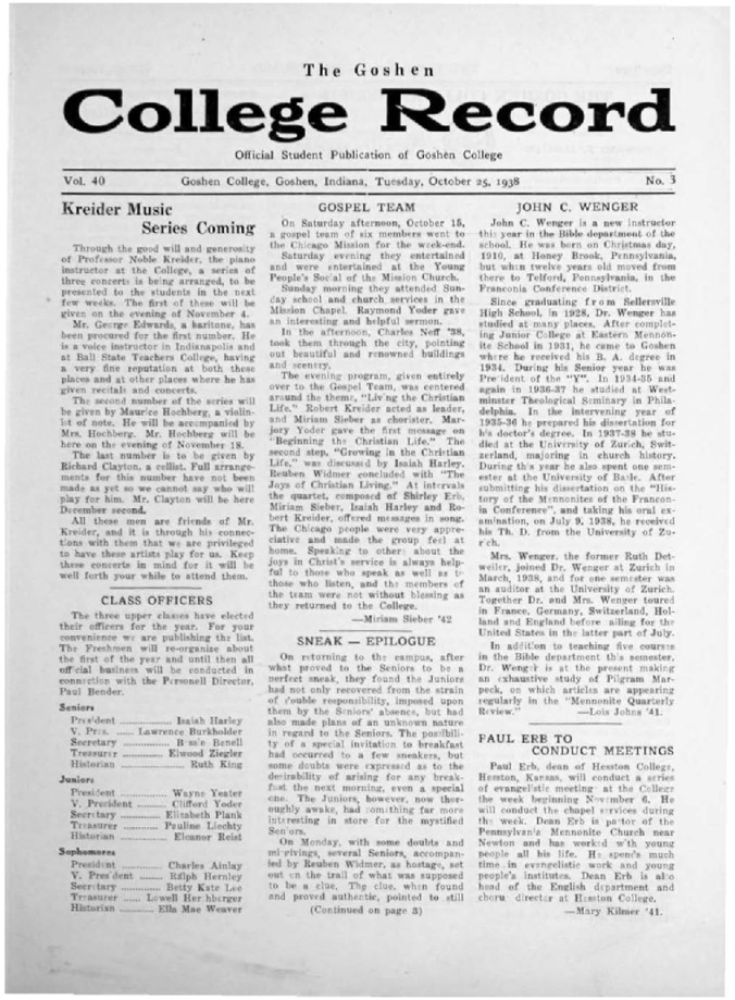 The Goshen College Record - Vol. 40 No. 3 (October 25, 1938) Thumbnail