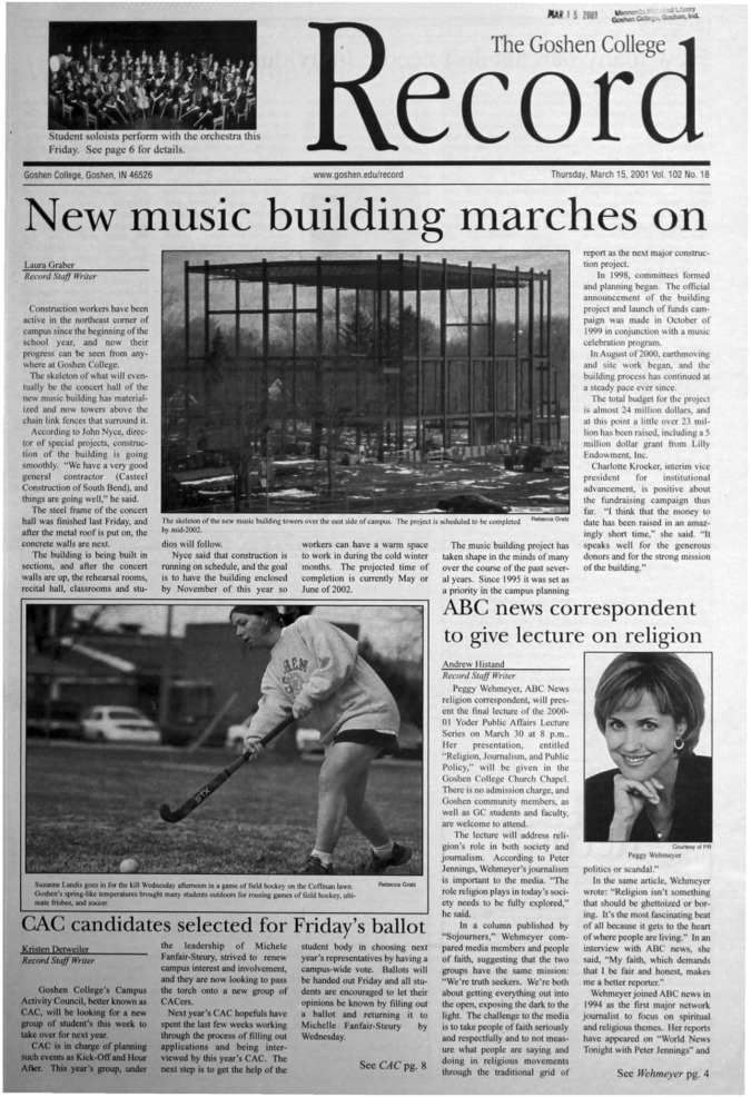 The Goshen College Record - Vol. 102 No. 18 (March 15, 2001) Thumbnail