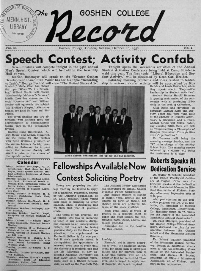 The Goshen College Record - Vol. 60 No. 1 (October 10, 1958) Thumbnail