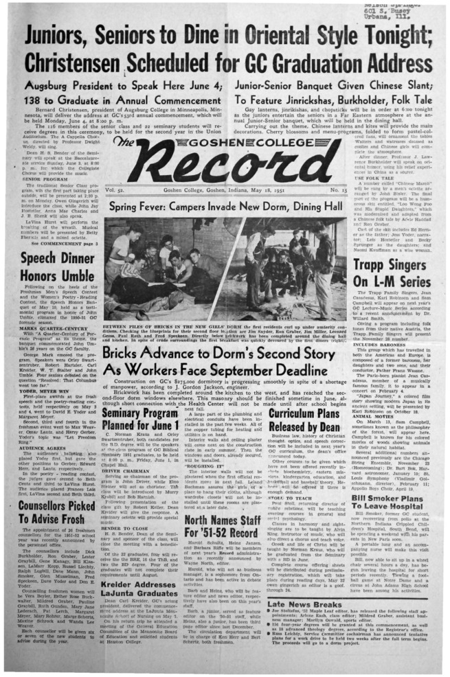The Goshen College Record - Vol. 52 No. 15 (May 18, 1951) 缩略图