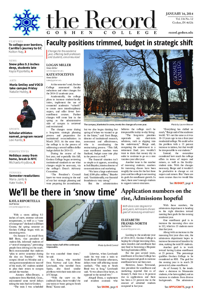 The Goshen College Record - Vol. 116 No. 12 (January 16, 2014) Thumbnail