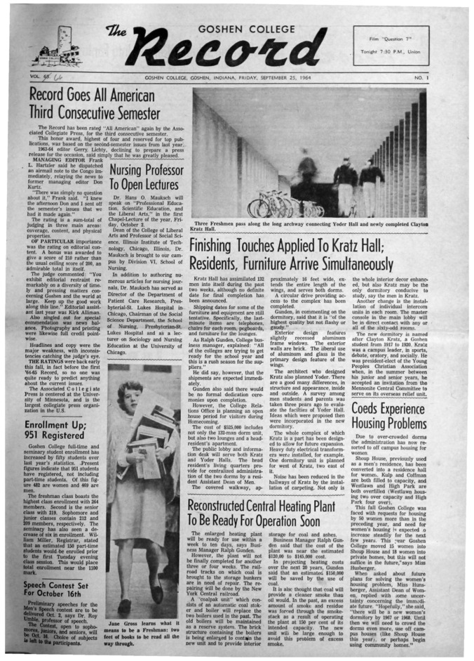 The Goshen College Record - Vol. 65 No. 1 (September 25, 1964) Thumbnail