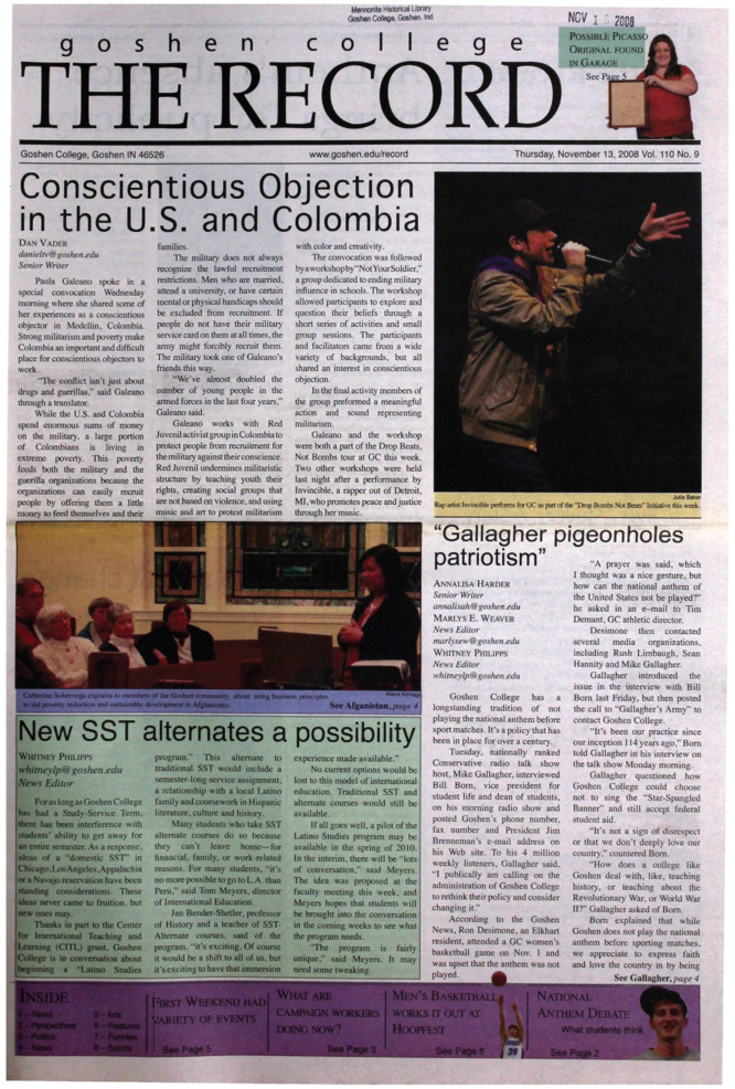 The Goshen College Record - Vol. 110 No. 9 (November 13, 2008) Thumbnail