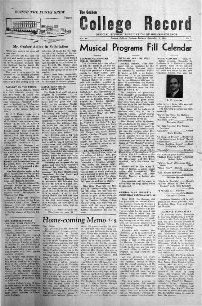 The Goshen College Record - Vol. 46 No. 7 (December 5, 1944) Thumbnail