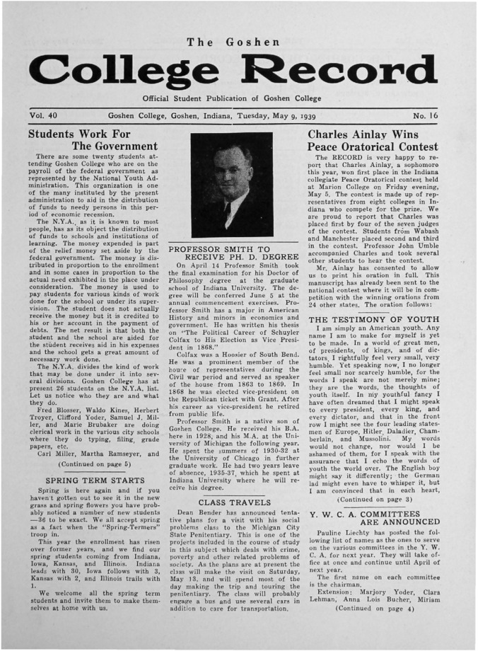 The Goshen College Record - Vol. 40 No. 16 (May 9, 1939) Thumbnail