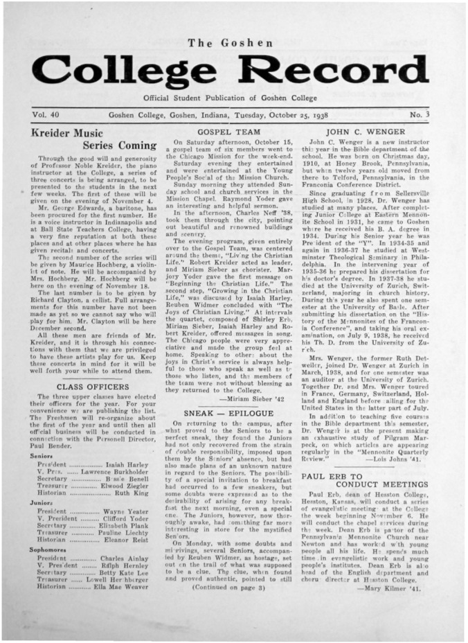The Goshen College Record - Vol. 40 No. 3 (October 25, 1938) miniatura