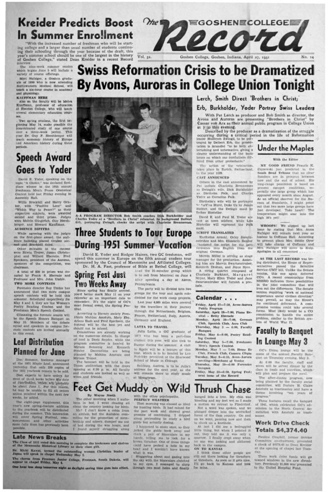 The Goshen College Record - Vol. 52 No. 14 (April 27, 1951) Thumbnail