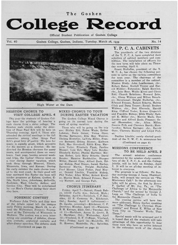 The Goshen College Record - Vol. 40 No. 14 (March 28, 1939) Thumbnail