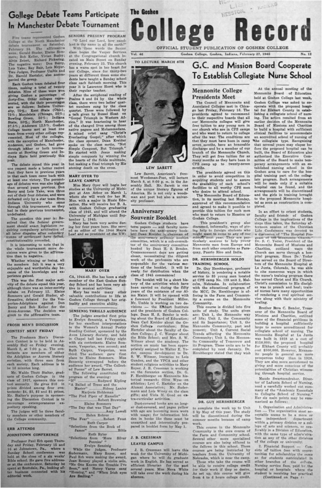 The Goshen College Record - Vol. 46 No. 12 (February 27, 1945) Thumbnail