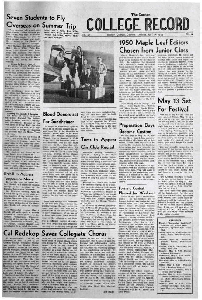 The Goshen College Record - Vol. 50 No. 14 (April 26, 1949) Thumbnail