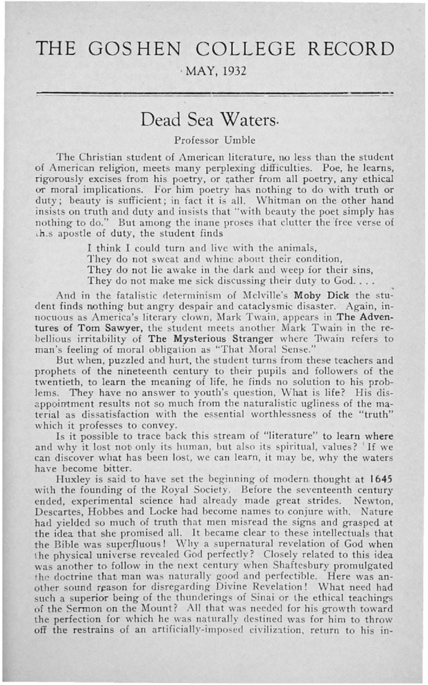 The Goshen College Record - Vol. 33 No. 8 (May 1932) Thumbnail