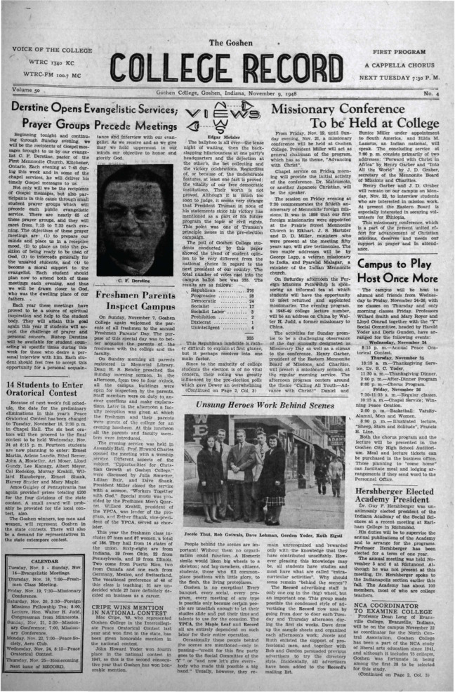 The Goshen College Record - Vol. 50 No. 4 (November 9, 1948) Thumbnail