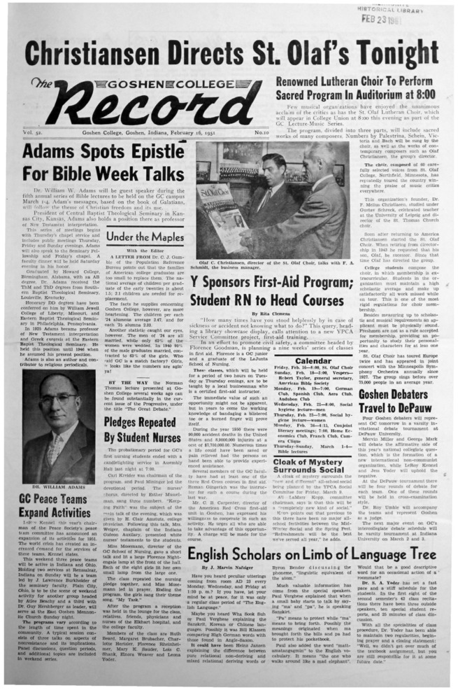 The Goshen College Record - Vol. 52 No. 10 (February 16, 1951) Thumbnail