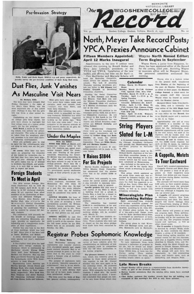 The Goshen College Record - Vol. 52 No. 12 (March 16, 1951) Thumbnail