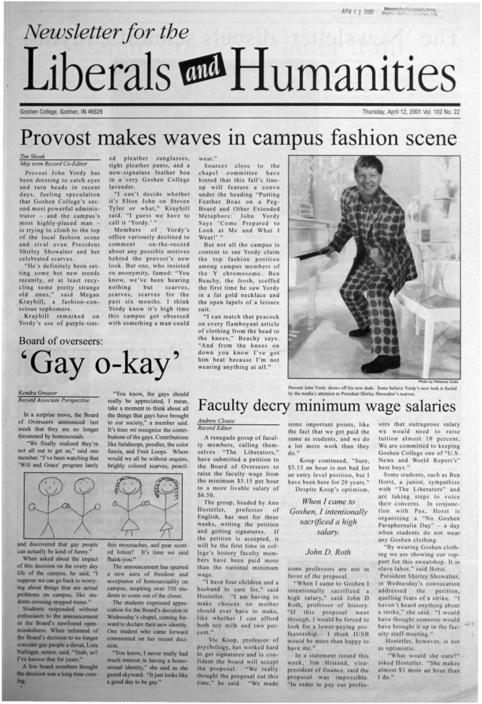 The Goshen College Record - Vol. 102 No. 22 (April 12, 2001) Thumbnail