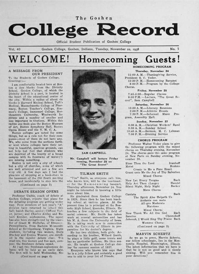 The Goshen College Record - Vol. 40 No. 5 (November 22, 1938) Thumbnail