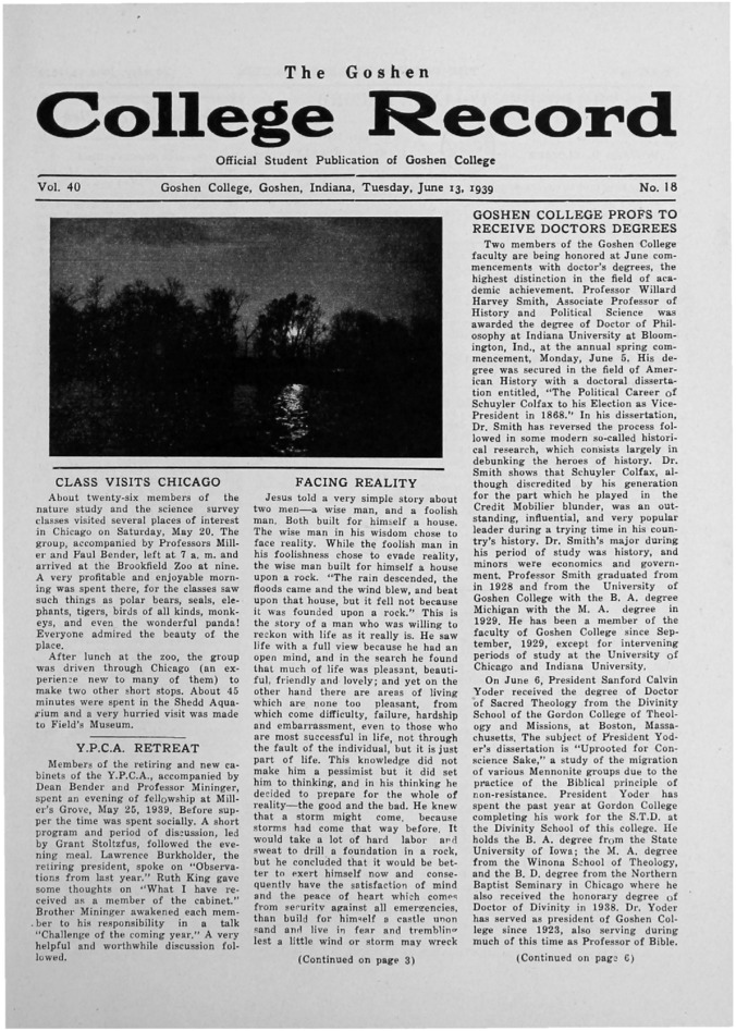 The Goshen College Record - Vol. 40 No. 18 (June 13, 1939) Thumbnail