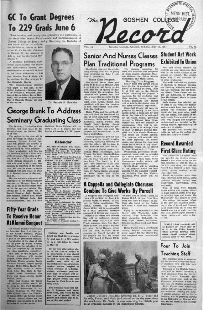 The Goshen College Record - Vol. 62 No. 14 (May 26, 1961) Thumbnail
