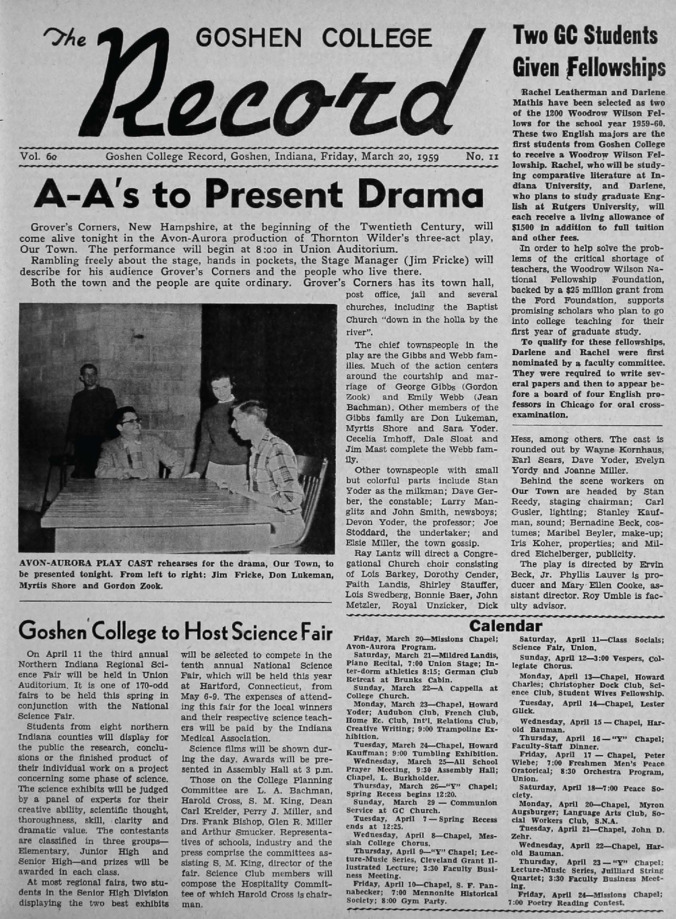The Goshen College Record - Vol. 60 No. 11 (March 20, 1959) Thumbnail