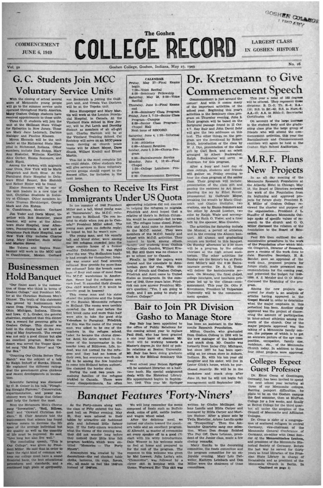 The Goshen College Record - Vol. 50 No. 16 (May 27, 1949) 缩略图