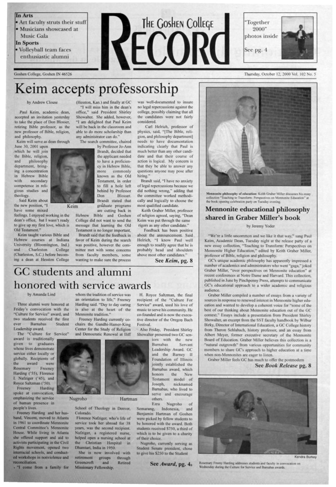 The Goshen College Record - Vol. 102 No. 5 (October 12, 2000) Thumbnail