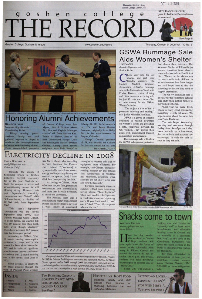 The Goshen College Record - Vol. 110 No. 5 (October 9, 2008) Thumbnail