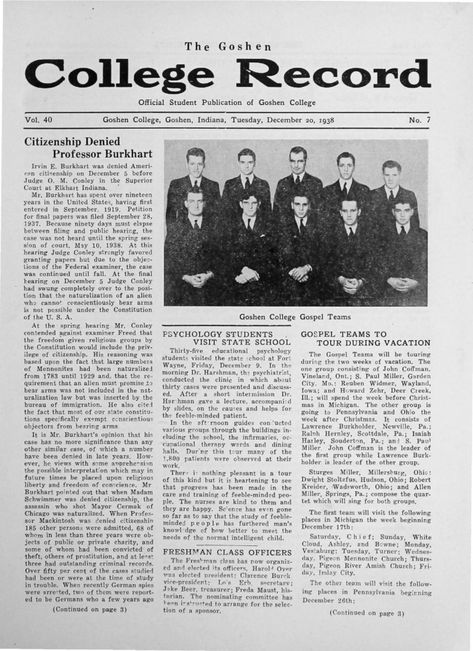The Goshen College Record - Vol. 40 No. 7 (December 20, 1938) 缩略图
