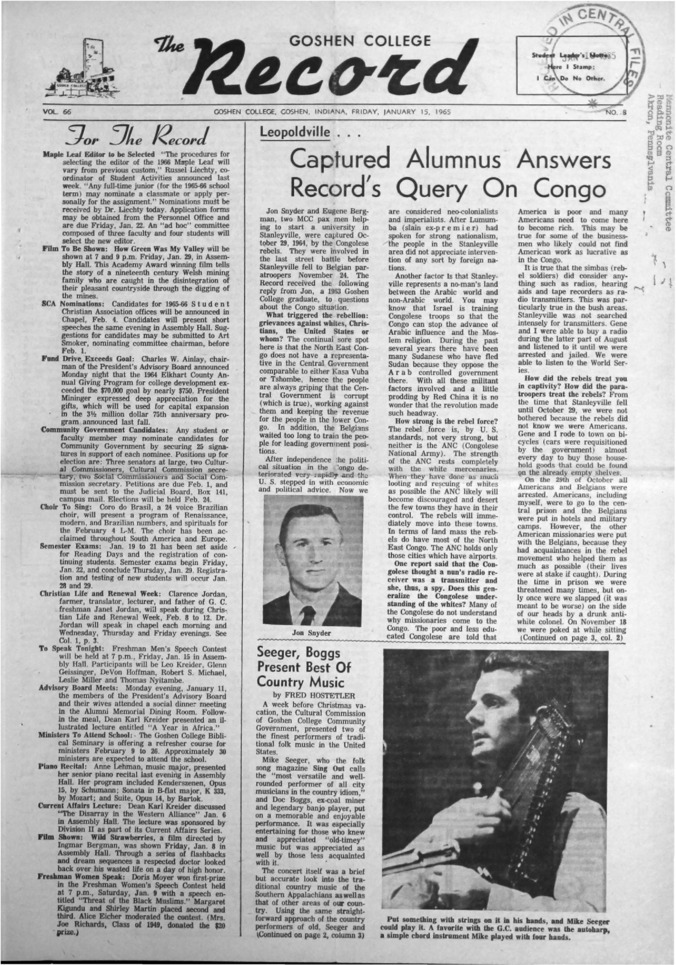 The Goshen College Record - Vol. 66 No. 8 (January 15, 1965) Thumbnail