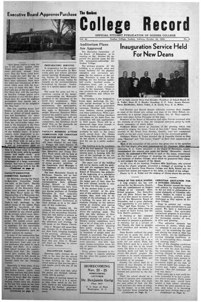 The Goshen College Record - Vol. 46 No. 4 (October 24, 1944) Thumbnail