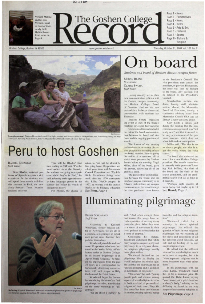 The Goshen College Record - Vol. 106 No. 7 (October 21, 2004) Thumbnail