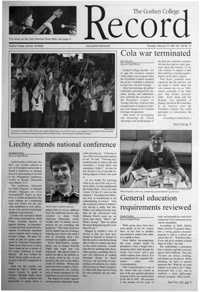 The Goshen College Record - Vol. 102 No. 15 (February 15, 2001) Thumbnail
