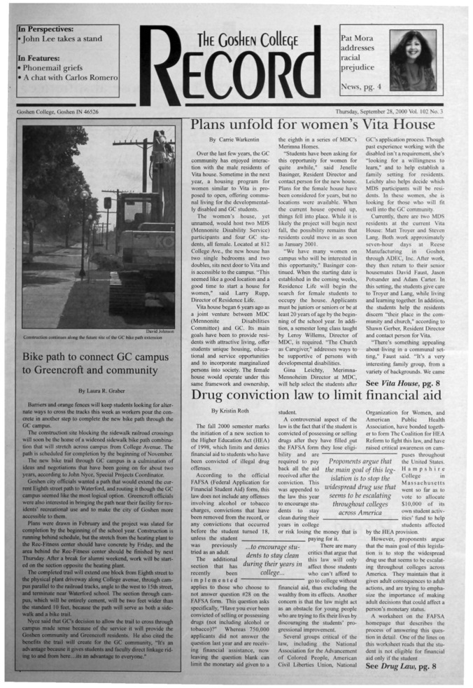 The Goshen College Record - Vol. 102 No. 3 (September 28, 2000) Thumbnail