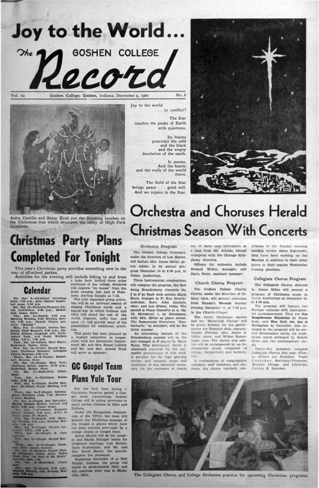 The Goshen College Record - Vol. 62 No. 6 (December 9, 1960) Thumbnail