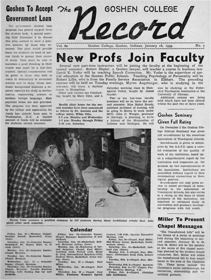 The Goshen College Record - Vol. 60 No. 7 (January 16, 1959) Thumbnail