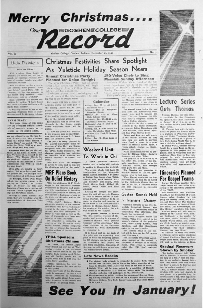 The Goshen College Record - Vol. 52 No. 7 (December 15, 1950) Thumbnail