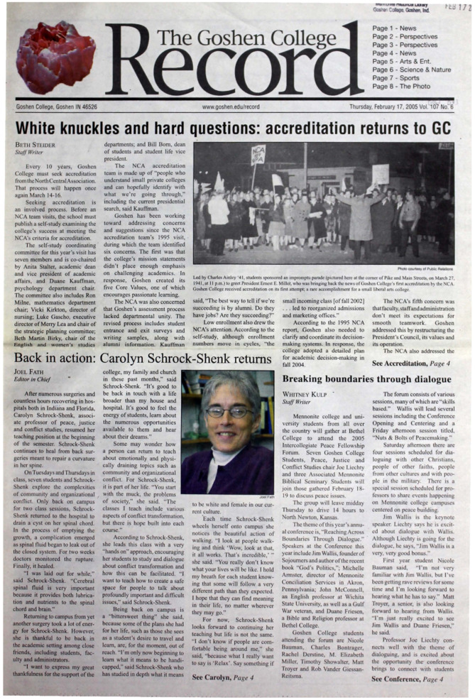 The Goshen College Record - Vol. 107 No. 6 (February 17, 2005) Thumbnail