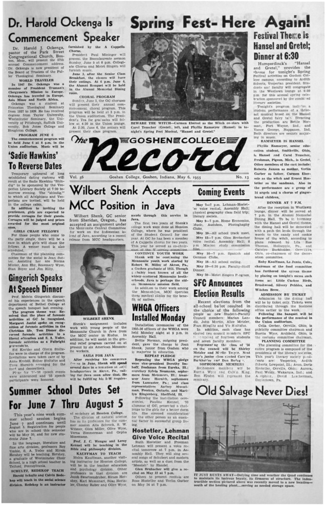 The Goshen College Record - Vol. 56 No. 13 (May 6, 1955) Thumbnail
