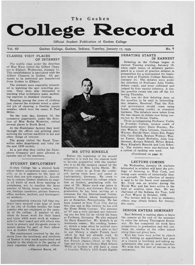 The Goshen College Record - Vol. 40 No. 9 (January 17, 1939) Thumbnail
