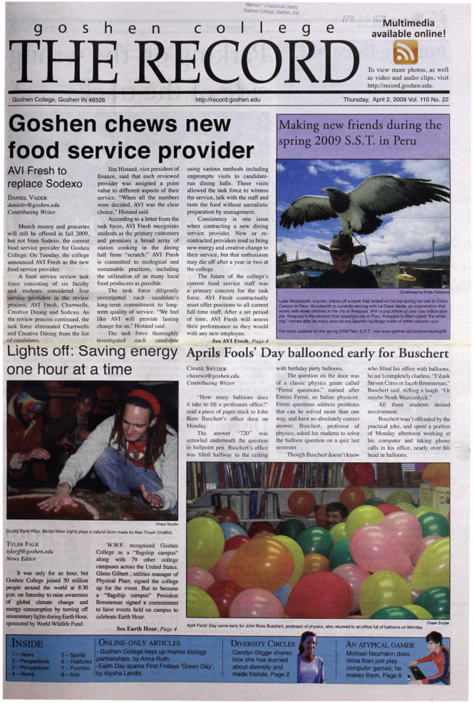The Goshen College Record - Vol. 110 No. 22 (April 2, 2009) Thumbnail
