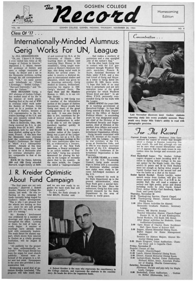 The Goshen College Record - Vol. 66 No. 6 (November 26, 1964) Thumbnail