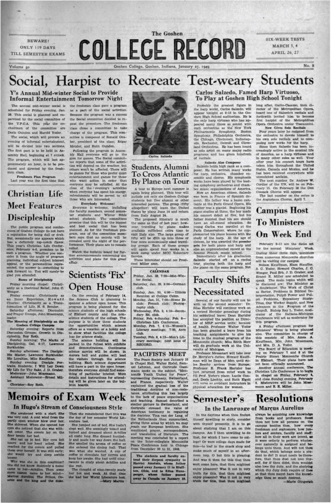 The Goshen College Record - Vol. 50 No. 8 (January 27, 1949) Thumbnail