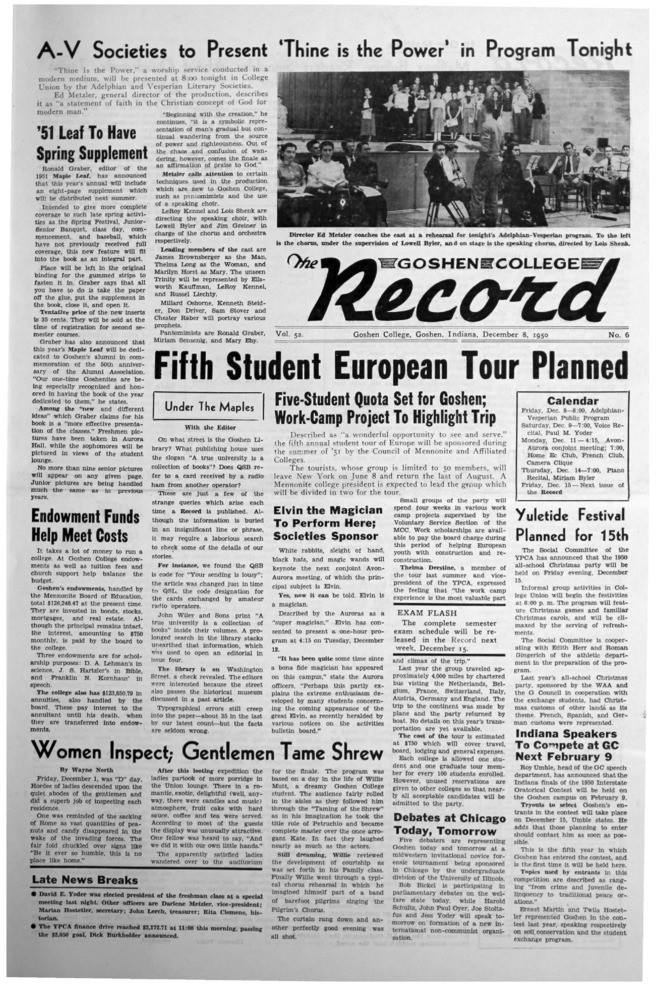 The Goshen College Record - Vol. 52 No. 6 (December 8, 1950) Thumbnail