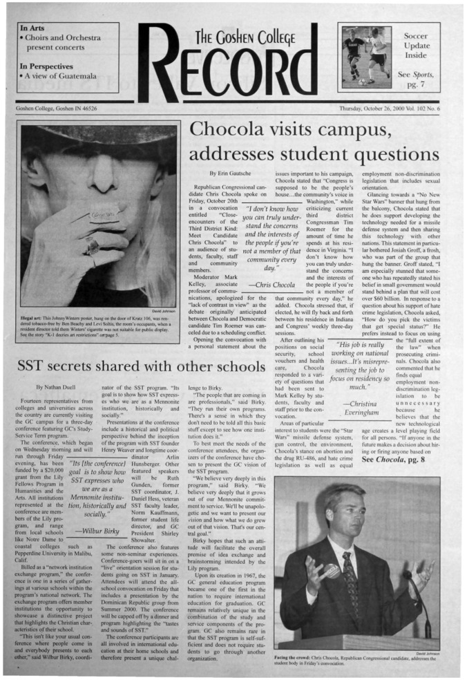 The Goshen College Record - Vol. 102 No. 6 (October 26, 2000) Thumbnail