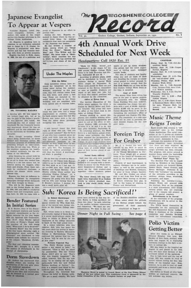 The Goshen College Record - Vol. 52 No. 1 (September 22, 1950) Thumbnail