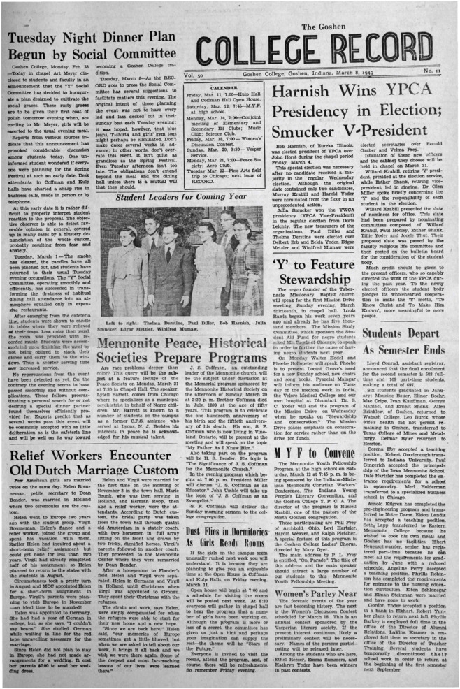 The Goshen College Record - Vol. 50 No. 11 (March 8, 1949) Thumbnail