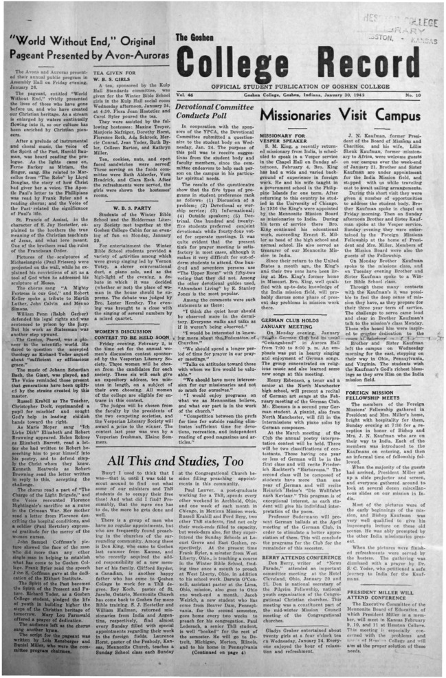 The Goshen College Record - Vol. 46 No. 10 (January 30, 1945) Thumbnail