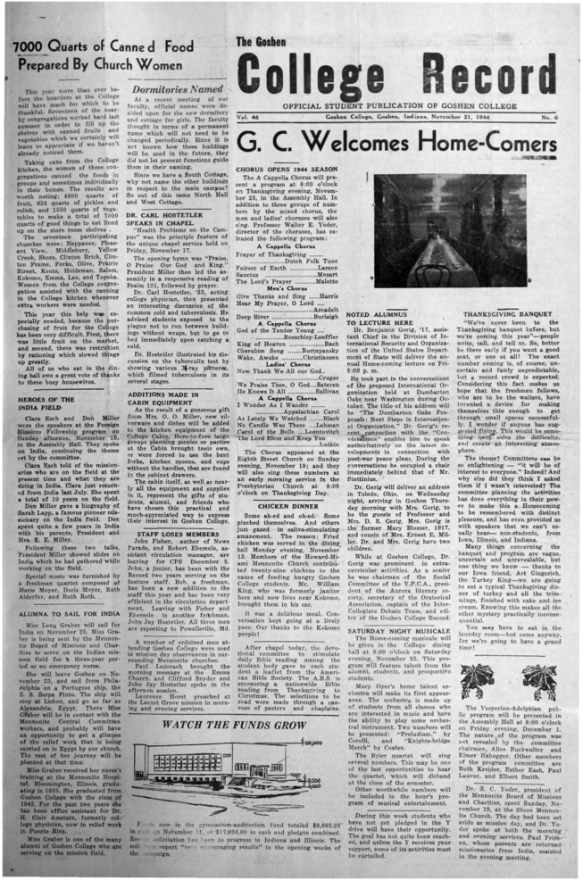 The Goshen College Record - Vol. 46 No. 6 (November 21, 1944) Thumbnail