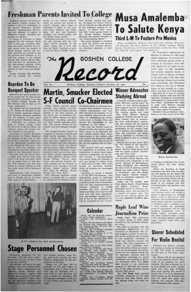 The Goshen College Record - Vol. 62 No. 3 (October 28, 1960) Thumbnail
