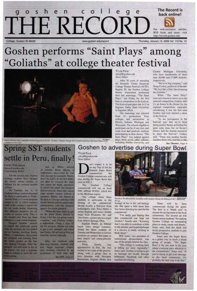 The Goshen College Record - Vol. 110 No. 12 (January 15, 2009) Thumbnail